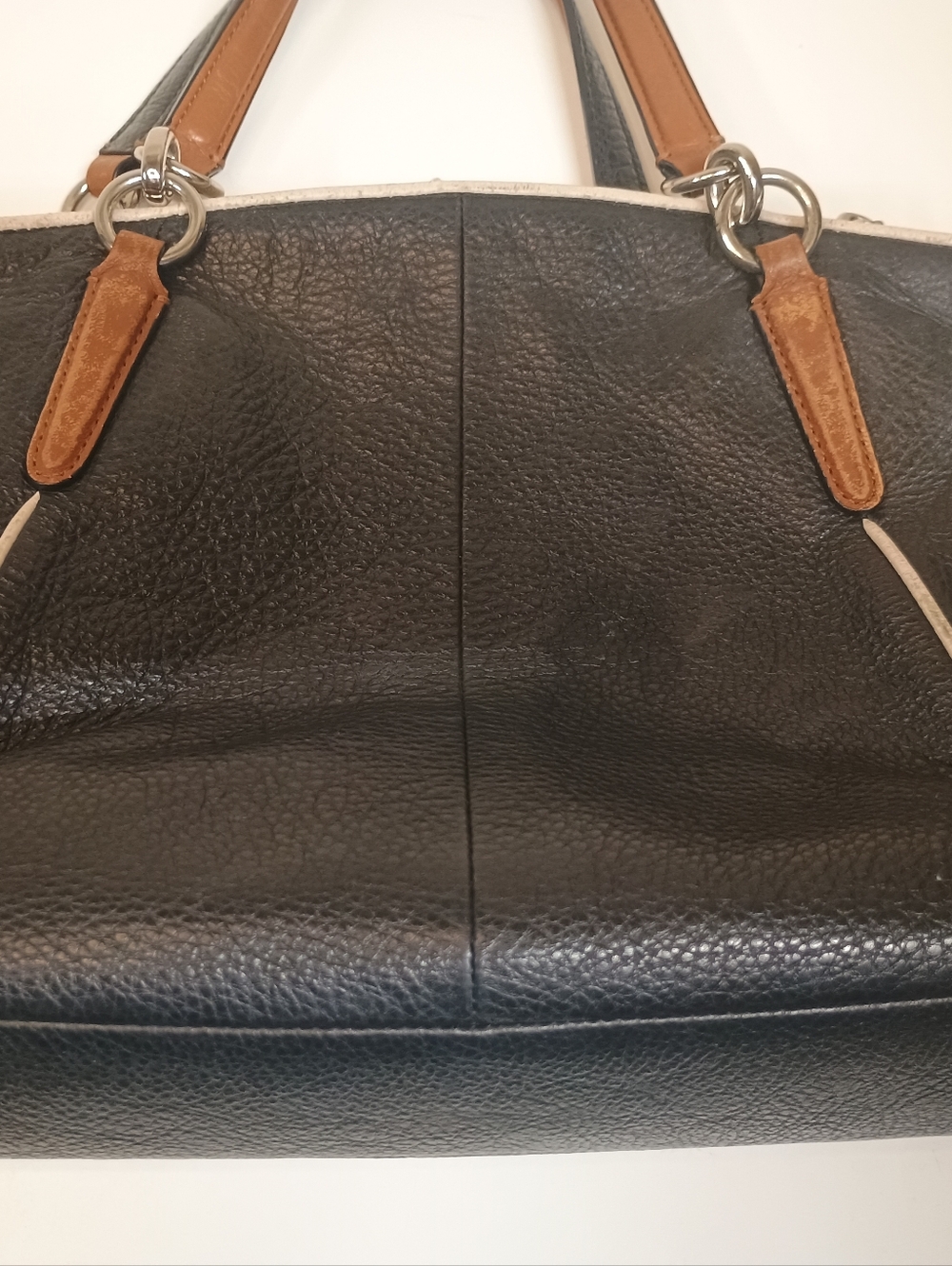 Coach Black Leather Tote with Tan Handles and Cream Trim For Repair - Picture 6 of 13